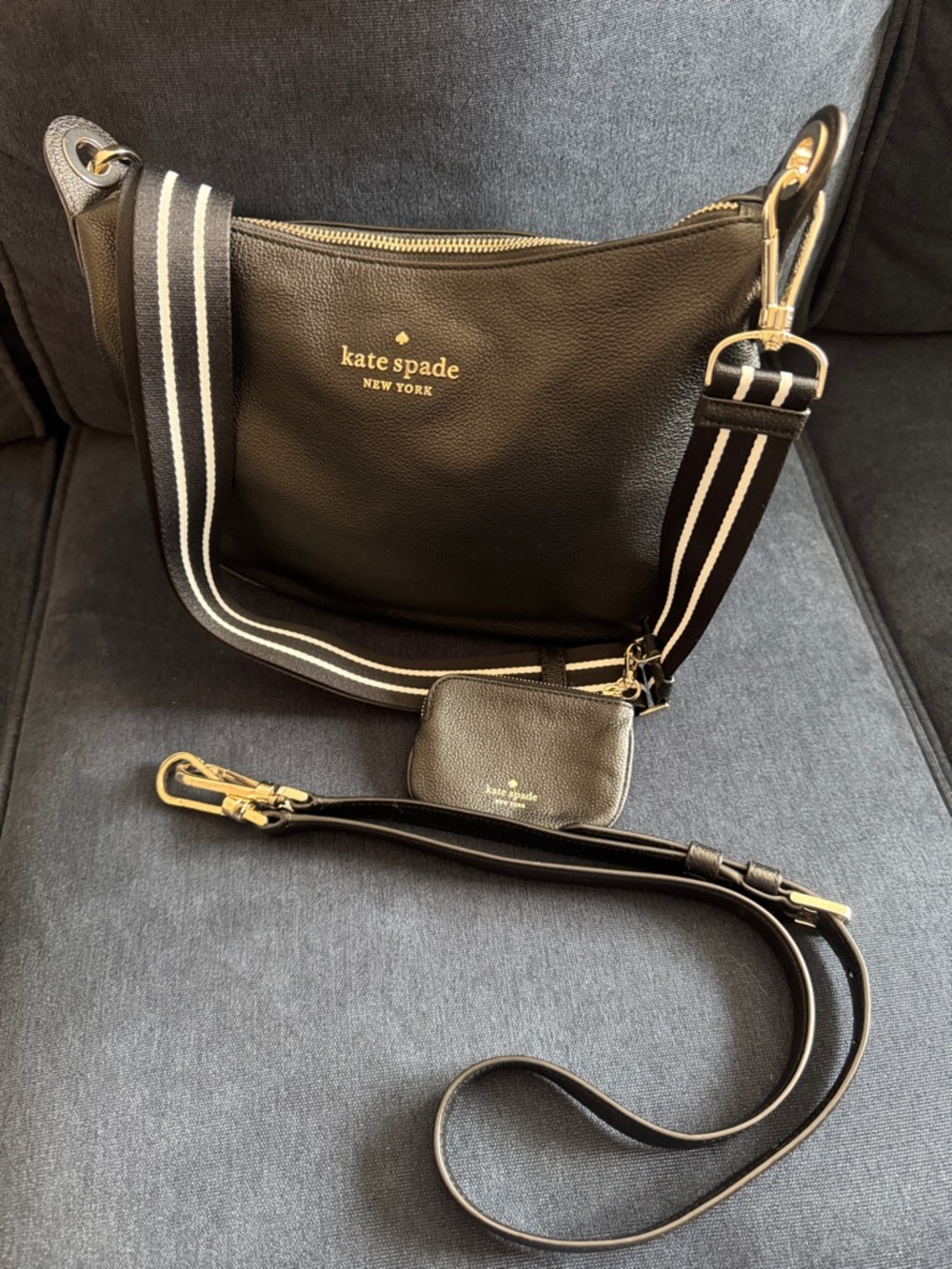 kate spade Black Pebbled Leather Crossbody with Striped Webbing Strap
